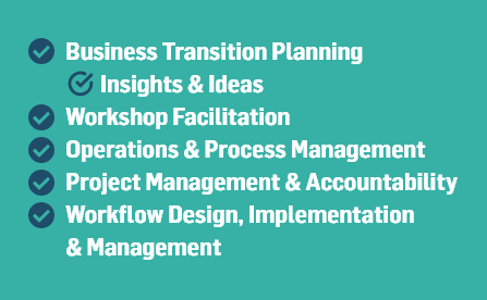 Business Transformation Business Transition Planning – Insights & Ideas Workshop Facilitation Operations & Process Management Project Management & Accountability Workflow Design, Implementation & Management